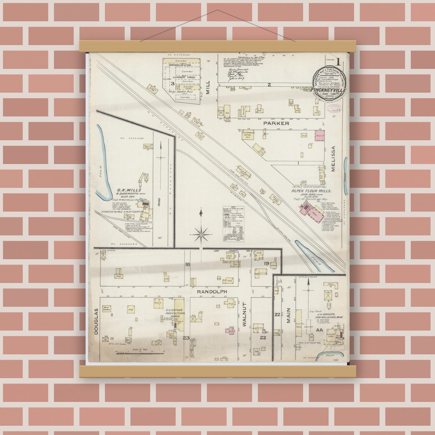 Old map wall art mockup — magnetic wood frame on brick wall — Sanborn Fire Insurance Map from Pinckneyville, Perry County, Illinois (1886) - Complete Map Set