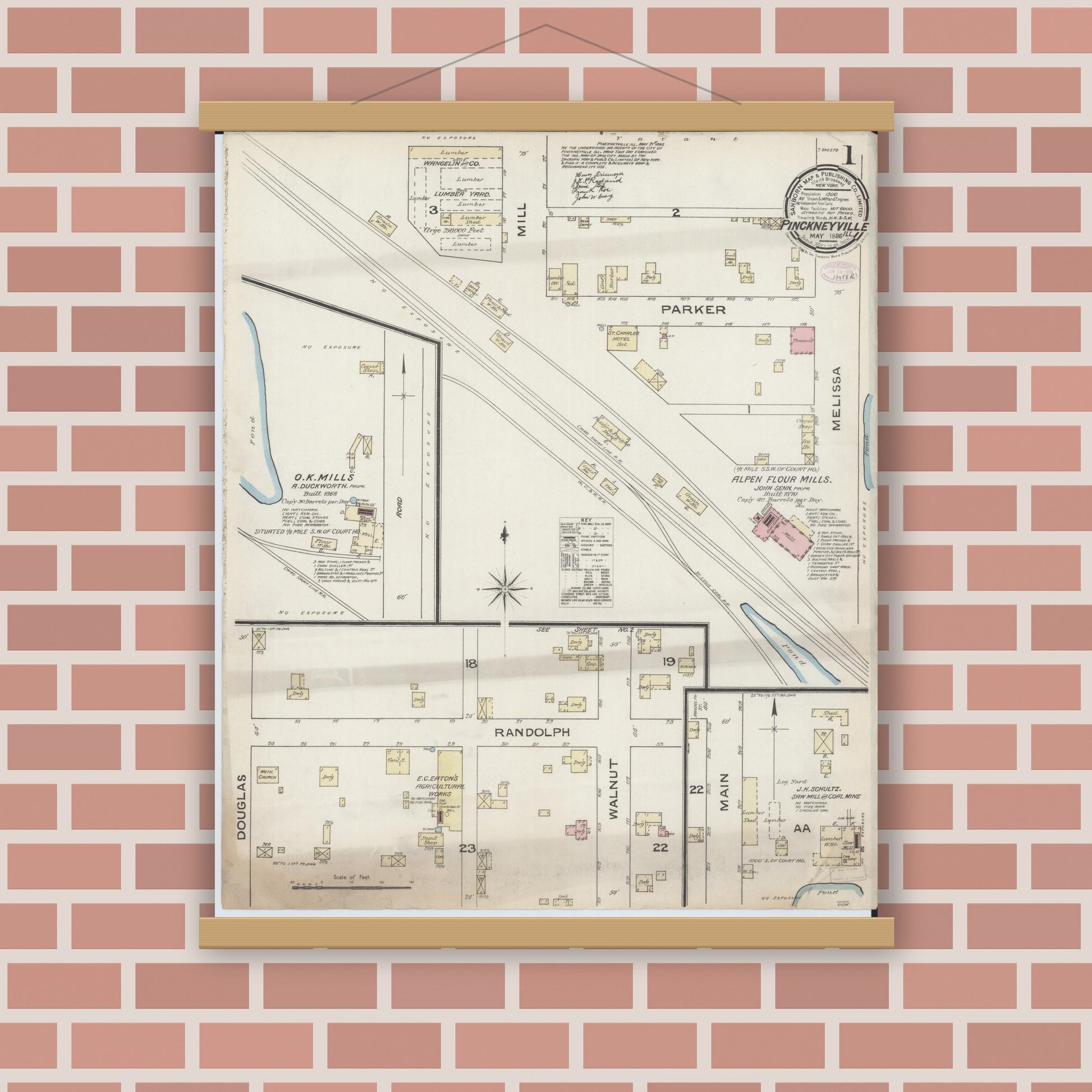Old map wall art mockup — magnetic wood frame on brick wall — Sanborn Fire Insurance Map from Pinckneyville, Perry County, Illinois (1886) - Complete Map Set