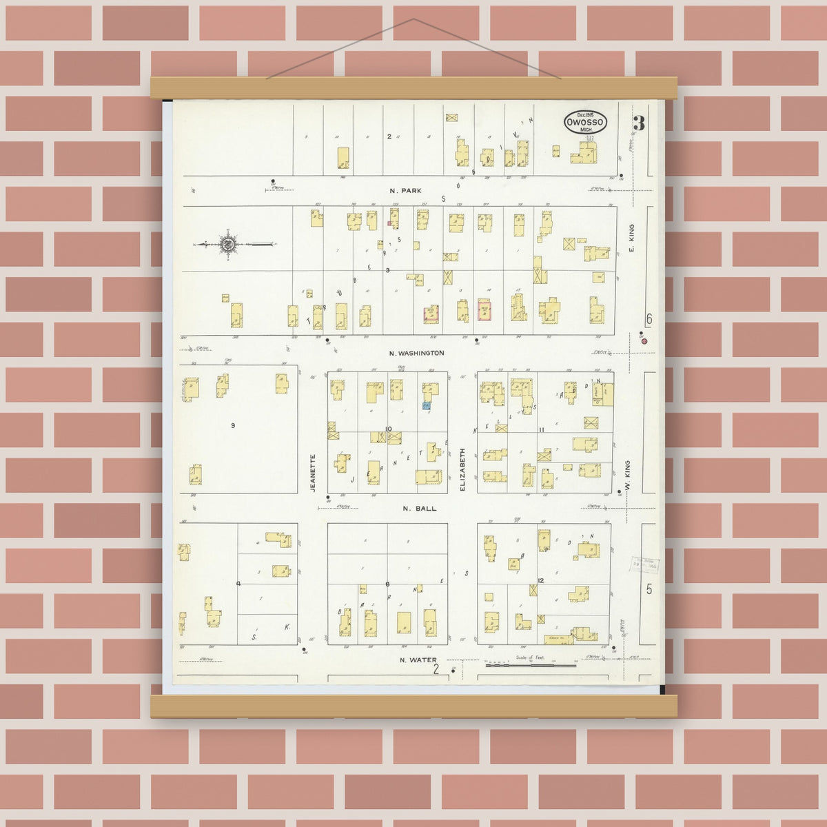 Old map wall art mockup — magnetic wood frame on brick wall — Sanborn Fire Insurance Map from Owosso, Shiawassee County, Michigan (1915), Sheet #0003