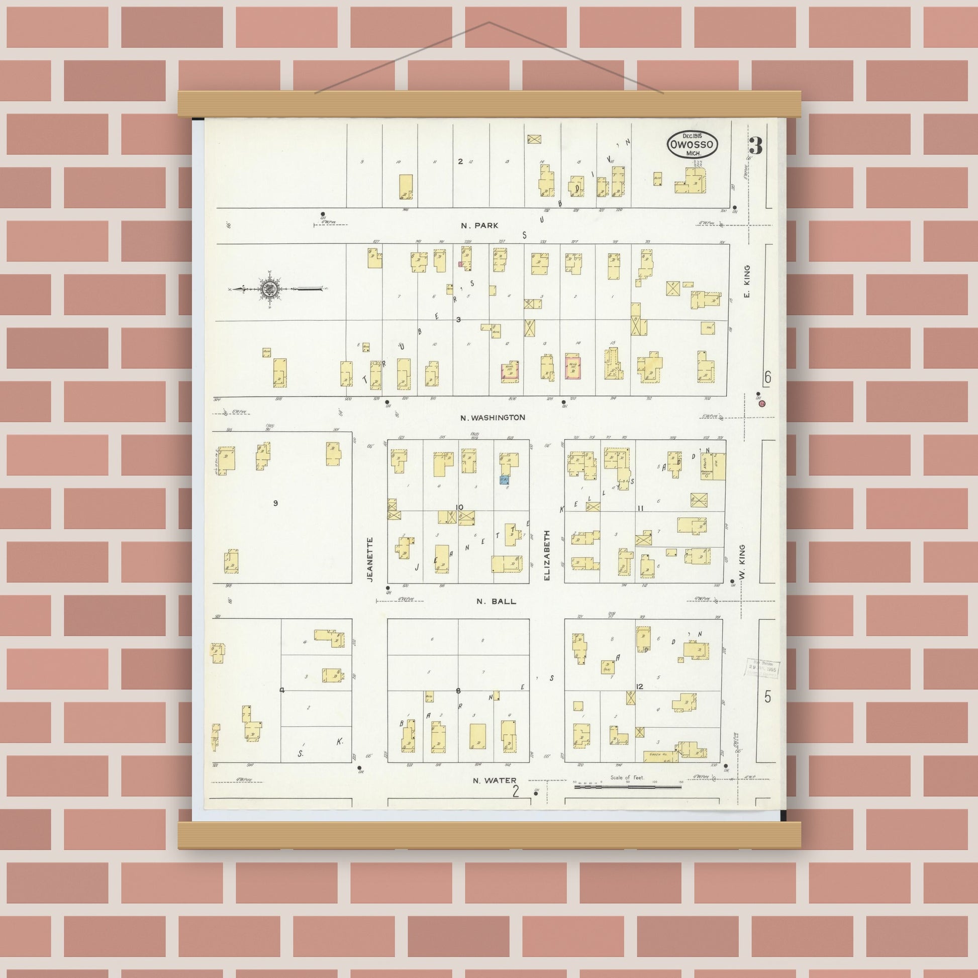Old map wall art mockup — magnetic wood frame on brick wall — Sanborn Fire Insurance Map from Owosso, Shiawassee County, Michigan (1915), Sheet #0003