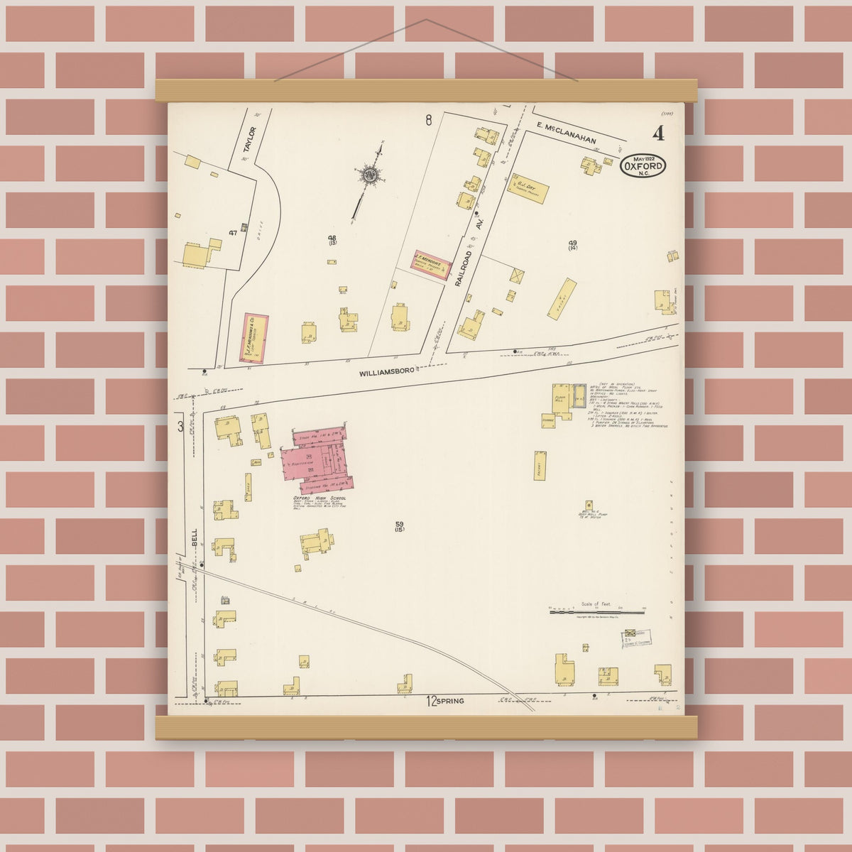 Old map wall art mockup — magnetic wood frame on brick wall — Sanborn Fire Insurance Map from Oxford, Granville County, North Carolina (1922), Sheet #0004