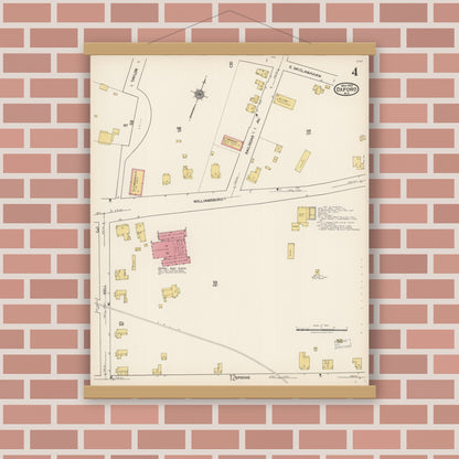 Old map wall art mockup — magnetic wood frame on brick wall — Sanborn Fire Insurance Map from Oxford, Granville County, North Carolina (1922), Sheet #0004