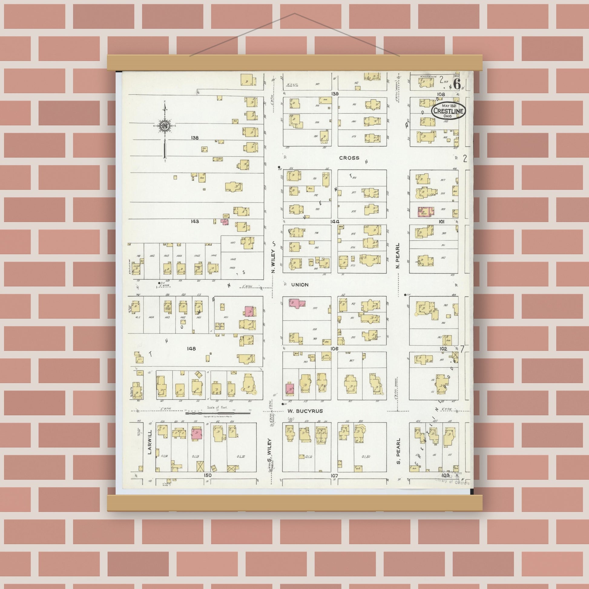 Old map wall art mockup — magnetic wood frame on brick wall — Sanborn Fire Insurance Map from Crestline, Crawford County, Ohio (1921), Sheet #0006