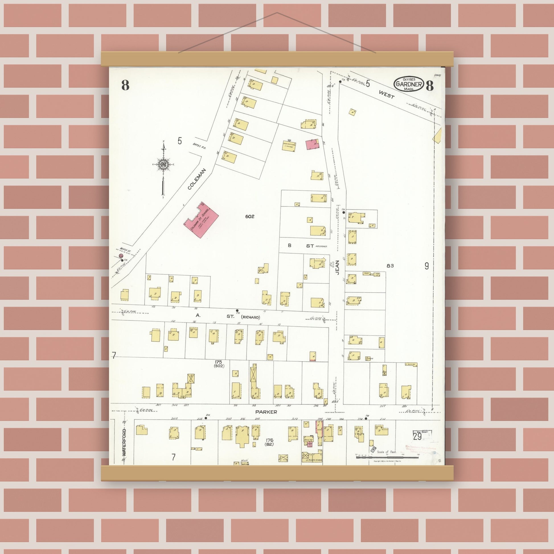 Old map wall art mockup — magnetic wood frame on brick wall — Sanborn Fire Insurance Map from Gardner, Worcester County, Massachusetts (1923), Sheet #0008