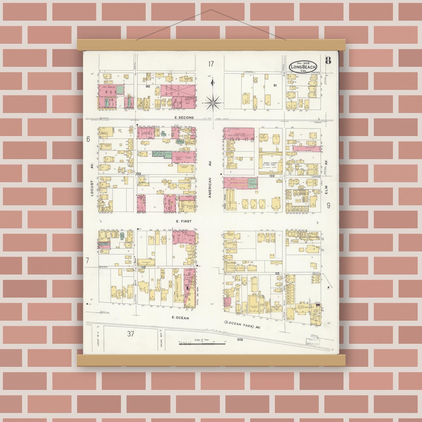 Old map wall art mockup — magnetic wood frame on brick wall — Sanborn Fire Insurance Map from Long Beach, Los Angeles County, California (1908), Sheet #0008