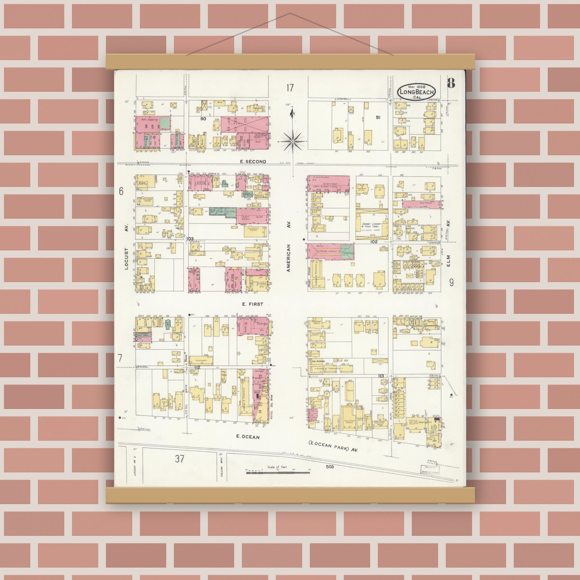Old map wall art mockup — magnetic wood frame on brick wall — Sanborn Fire Insurance Map from Long Beach, Los Angeles County, California (1908), Sheet #0008