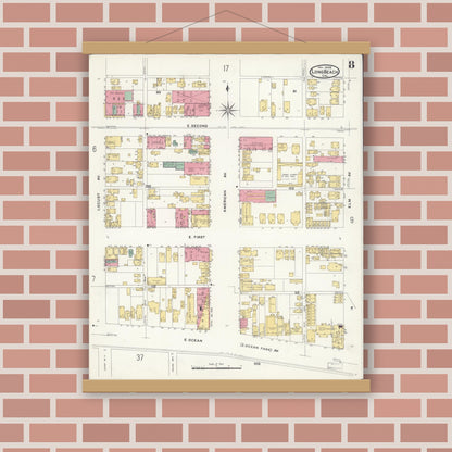 Old map wall art mockup — magnetic wood frame on brick wall — Sanborn Fire Insurance Map from Long Beach, Los Angeles County, California (1908), Sheet #0008