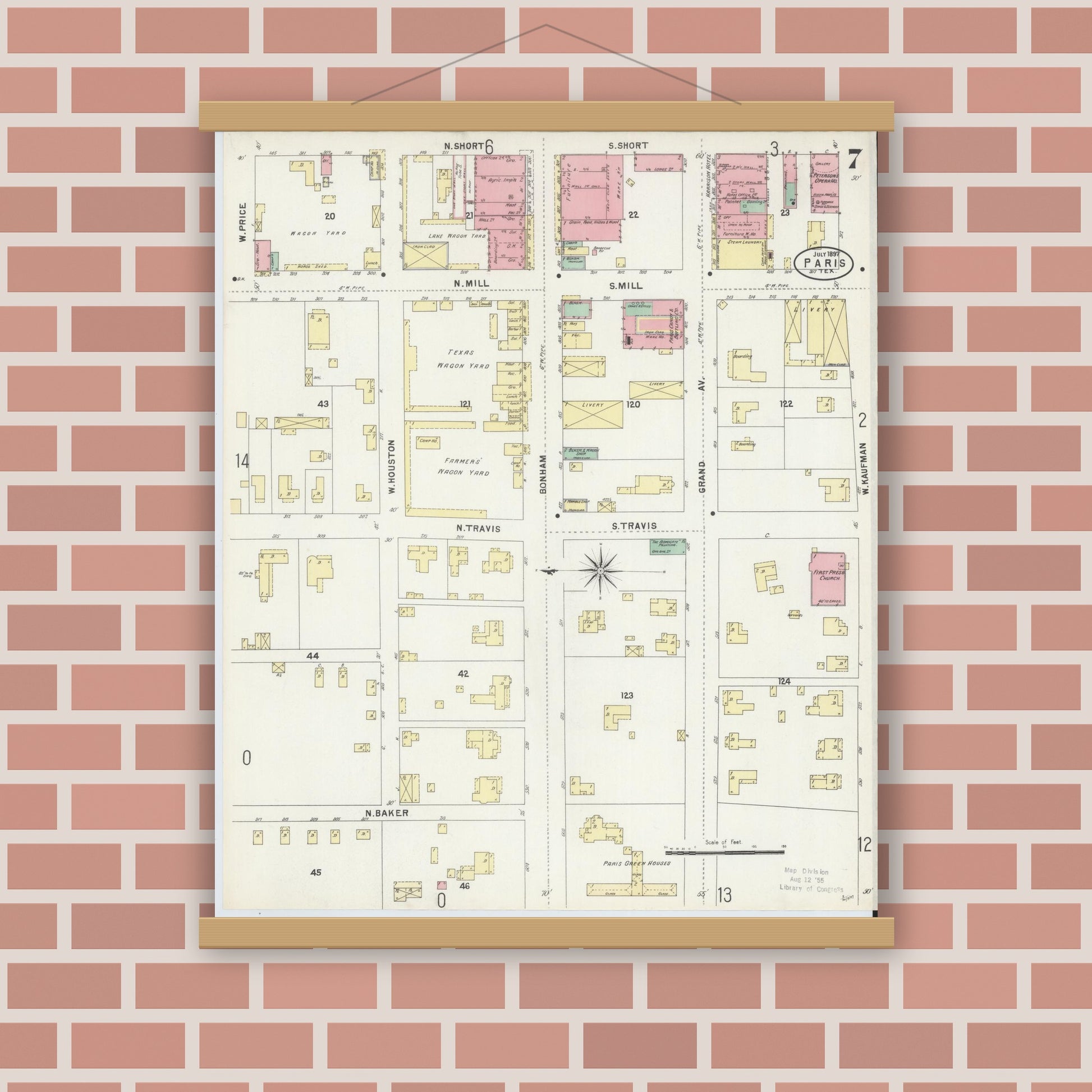 Old map wall art mockup — magnetic wood frame on brick wall — Sanborn Fire Insurance Map from Paris, Lamar County, Texas (1897), Sheet #0007