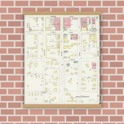 Old map wall art mockup — magnetic wood frame on brick wall — Sanborn Fire Insurance Map from Paris, Lamar County, Texas (1897), Sheet #0007