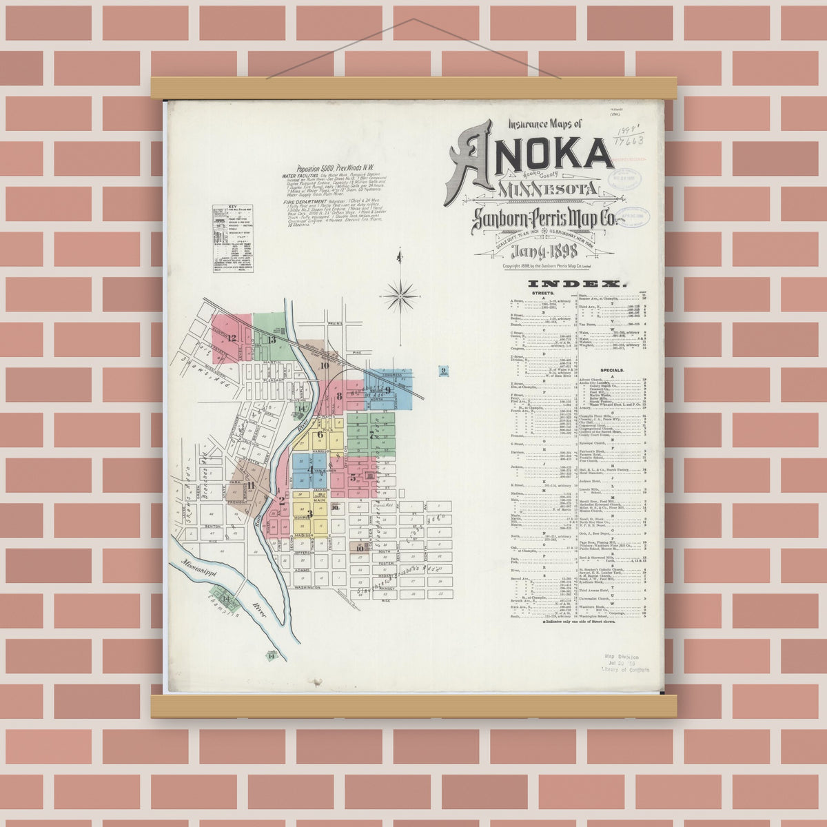 Old map wall art mockup — magnetic wood frame on brick wall — Sanborn Fire Insurance Map from Anoka, Anoka County, Minnesota (1898) - Complete Map Set