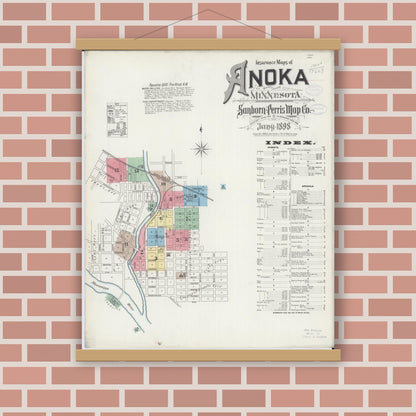 Old map wall art mockup — magnetic wood frame on brick wall — Sanborn Fire Insurance Map from Anoka, Anoka County, Minnesota (1898) - Complete Map Set
