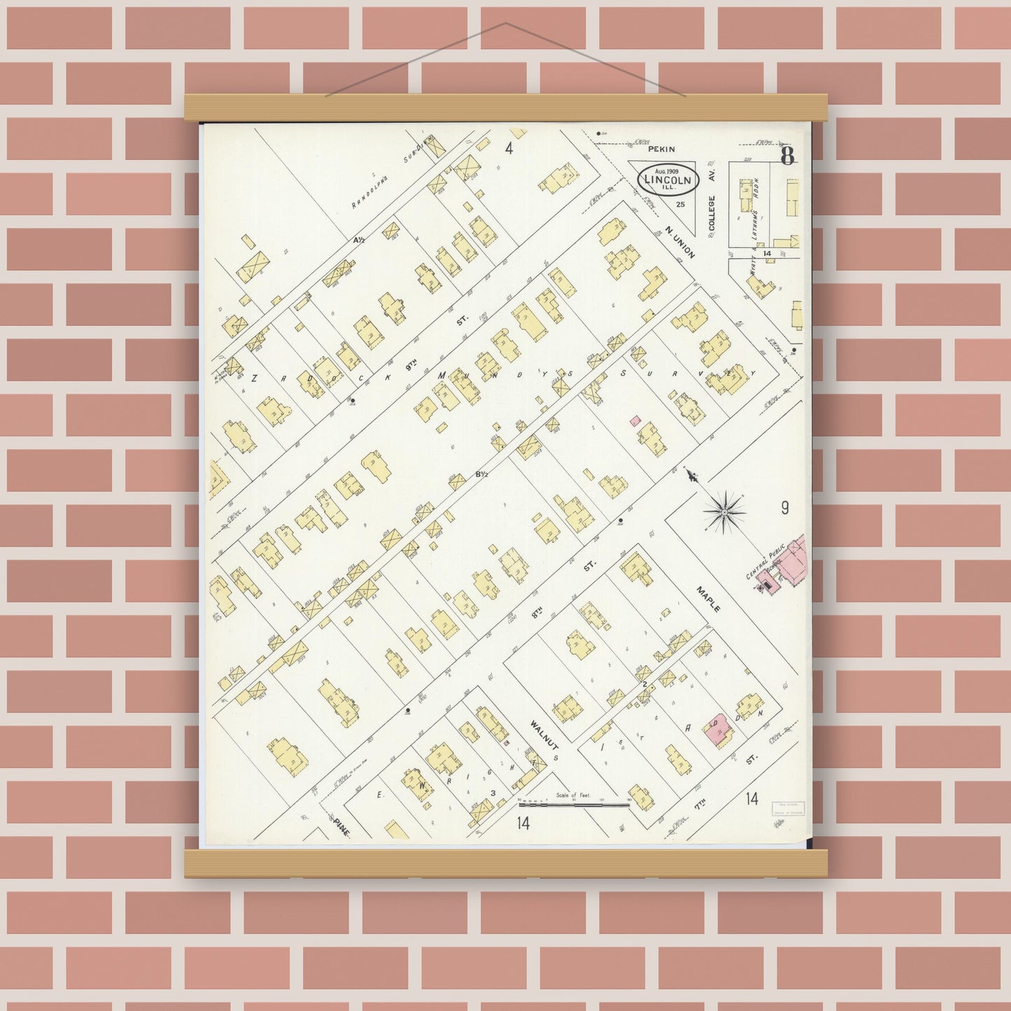 Old map wall art mockup — magnetic wood frame on brick wall — Sanborn Fire Insurance Map from Lincoln, Logan County, Illinois (1909), Sheet #0008