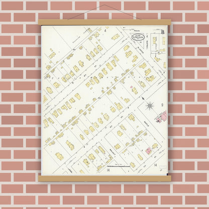 Old map wall art mockup — magnetic wood frame on brick wall — Sanborn Fire Insurance Map from Lincoln, Logan County, Illinois (1909), Sheet #0008
