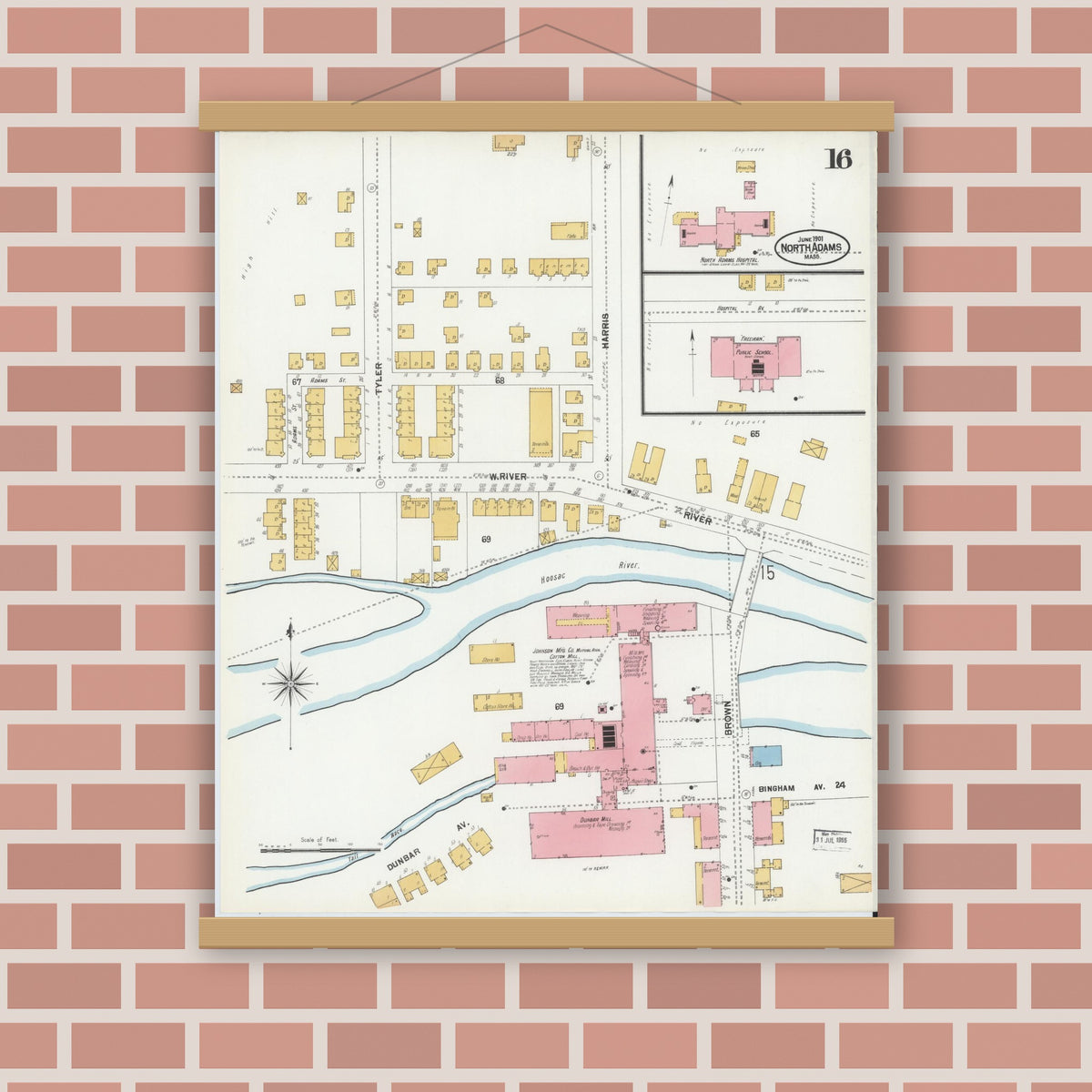 Old map wall art mockup — magnetic wood frame on brick wall — Sanborn Fire Insurance Map from North Adams, Berkshire County, Massachusetts (1901), Sheet #0016