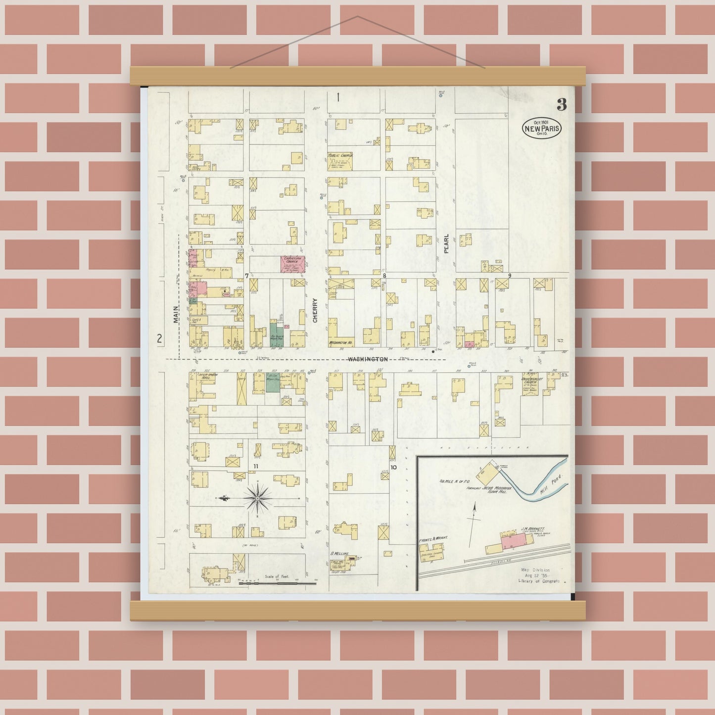 Old map wall art mockup — magnetic wood frame on brick wall — Sanborn Fire Insurance Map from New Paris, Preble County, Ohio (1901), Sheet #0003