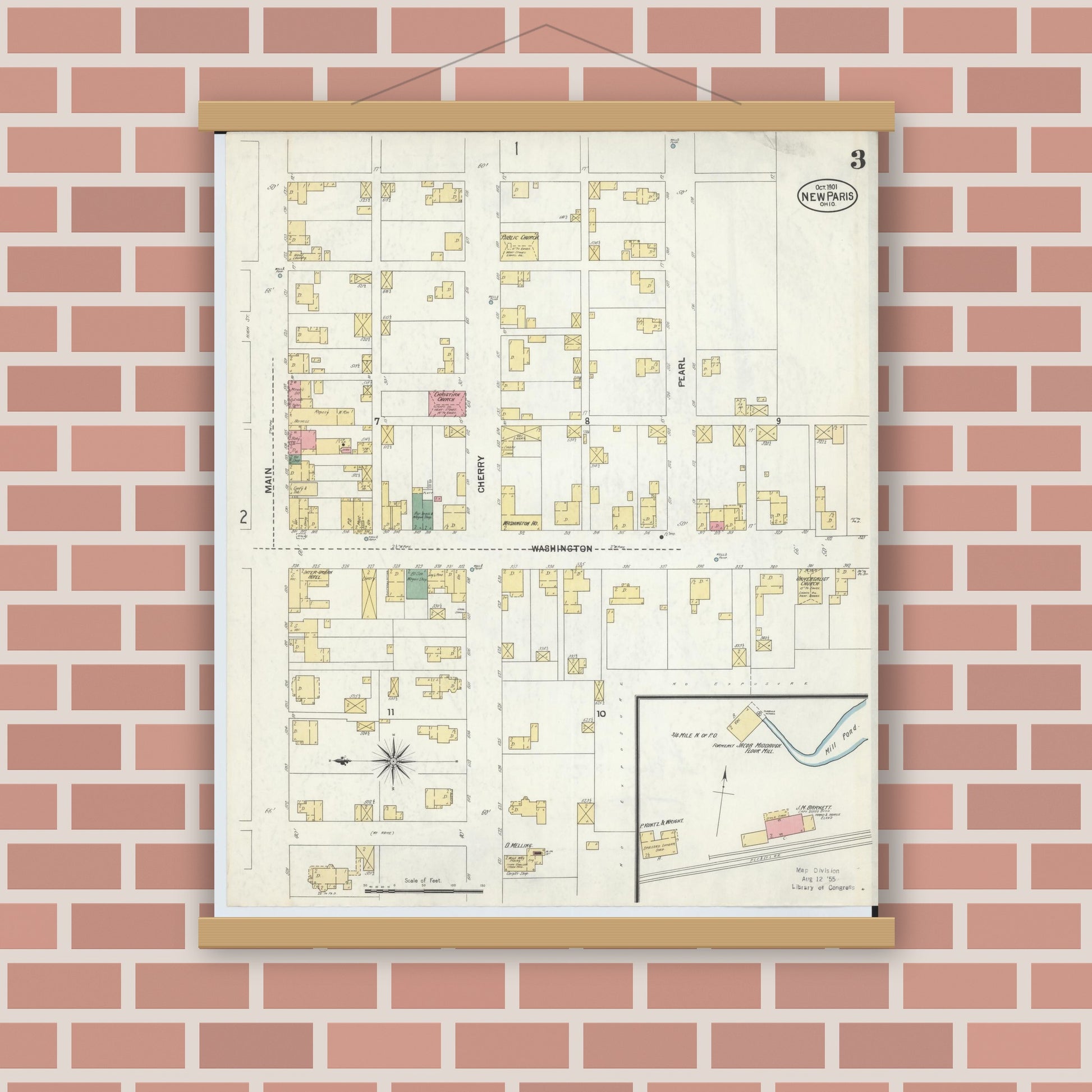 Old map wall art mockup — magnetic wood frame on brick wall — Sanborn Fire Insurance Map from New Paris, Preble County, Ohio (1901), Sheet #0003