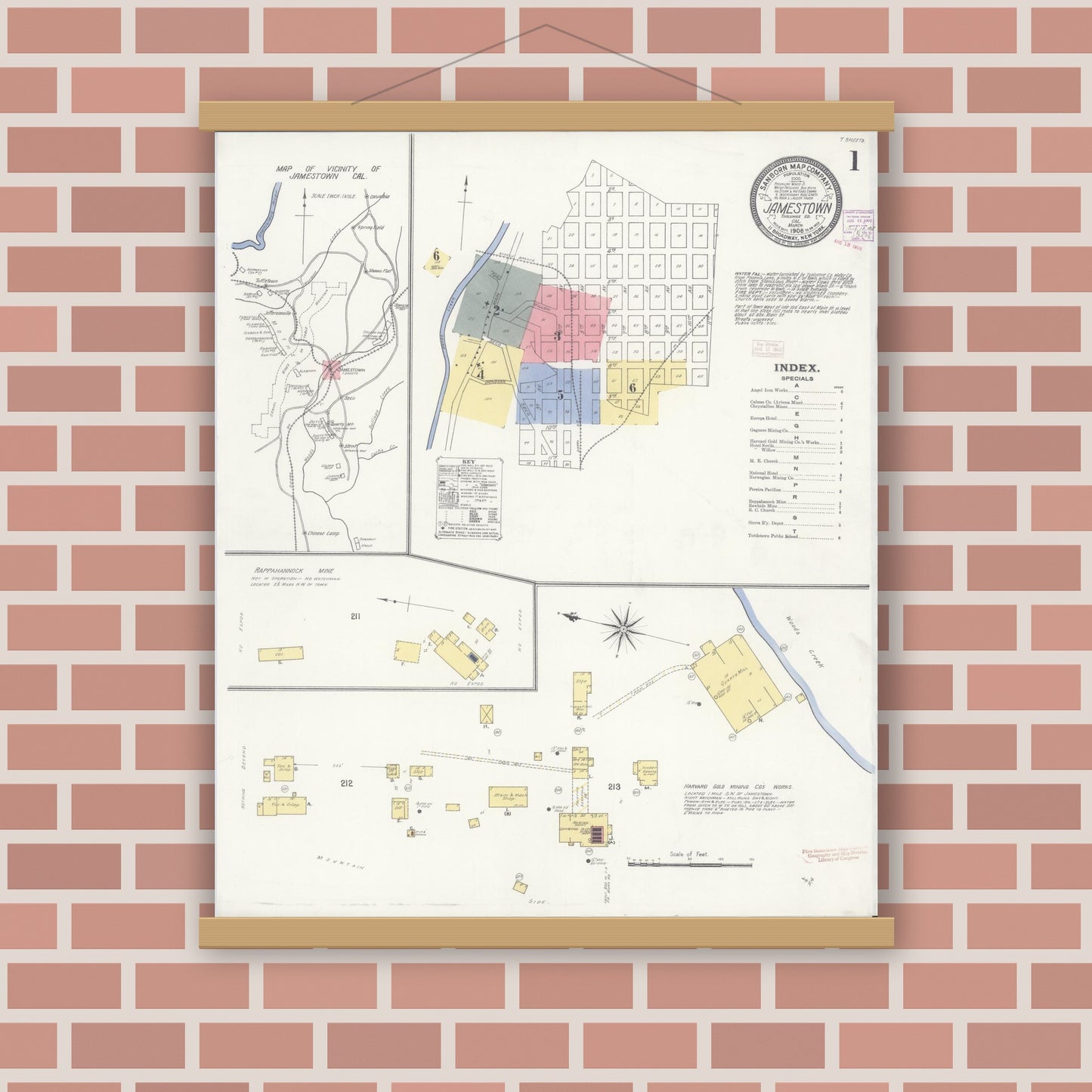 Old map wall art mockup — magnetic wood frame on brick wall — Sanborn Fire Insurance Map from Jamestown, Tuolumne County, California (1908) - Complete Map Set