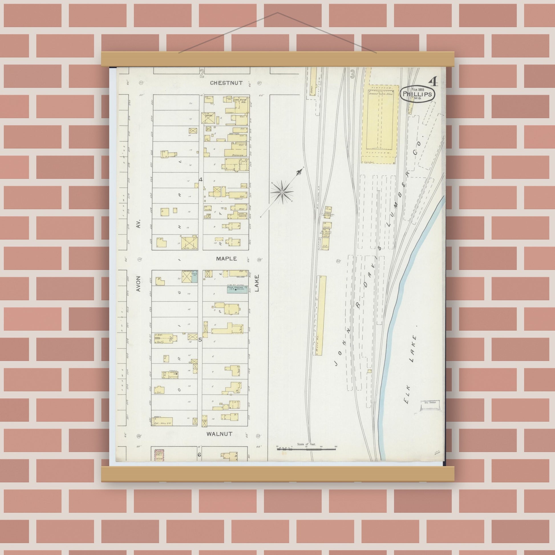 Old map wall art mockup — magnetic wood frame on brick wall — Sanborn Fire Insurance Map from Phillips, Price County, Wisconsin (1893), Sheet #0004