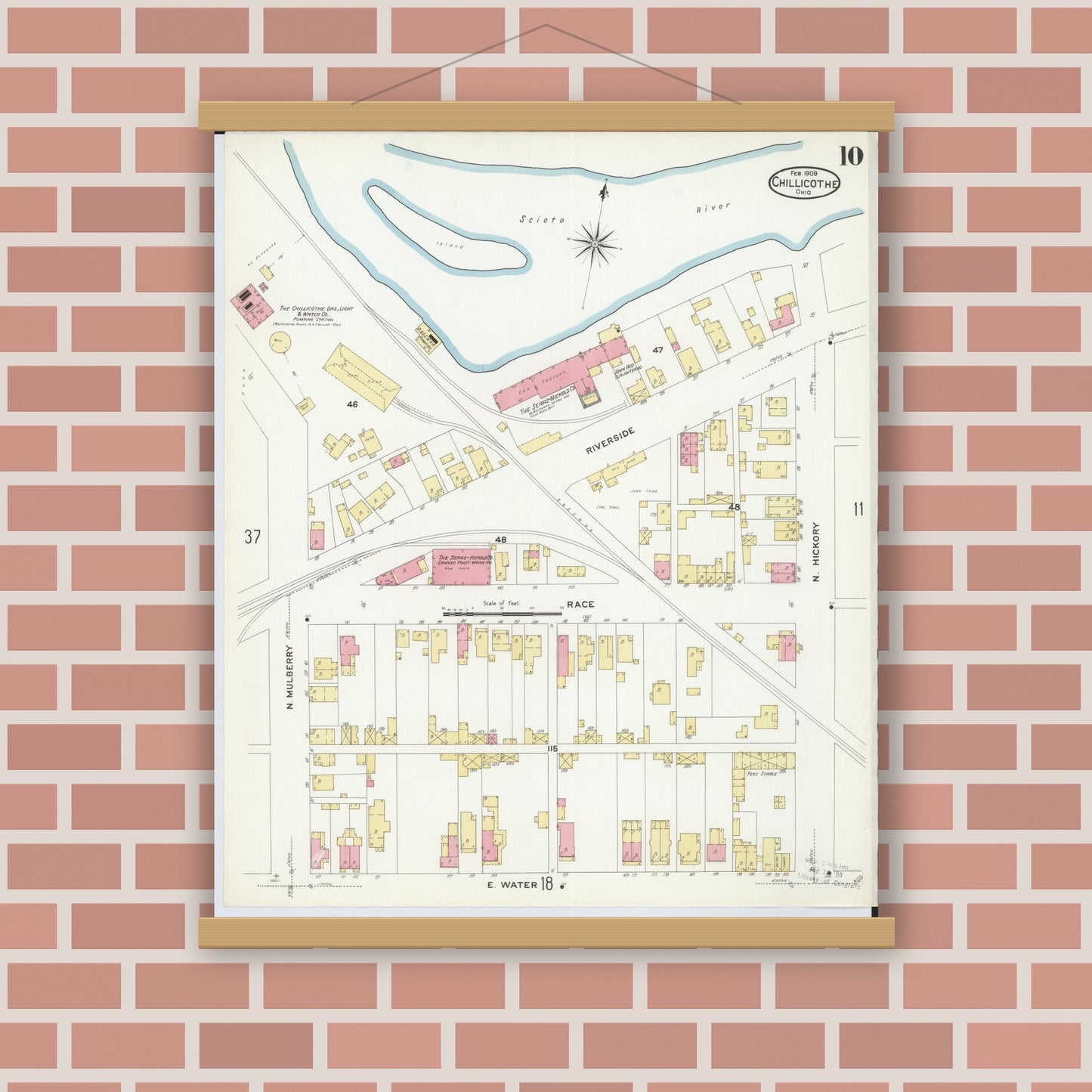 Old map wall art mockup — magnetic wood frame on brick wall — Sanborn Fire Insurance Map from Chillicothe, Ross County, Ohio (1909), Sheet #0010
