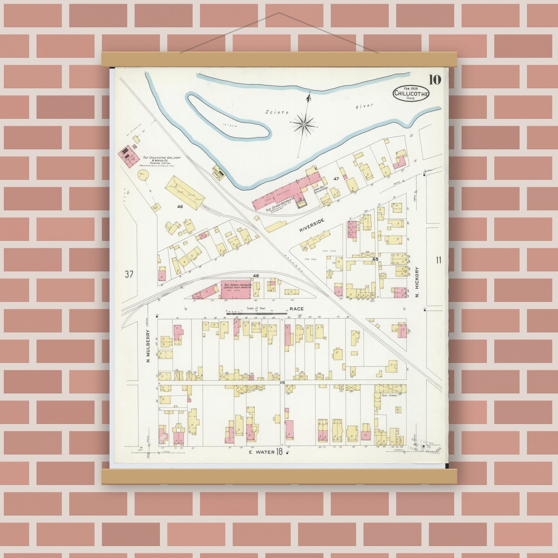 Old map wall art mockup — magnetic wood frame on brick wall — Sanborn Fire Insurance Map from Chillicothe, Ross County, Ohio (1909), Sheet #0010
