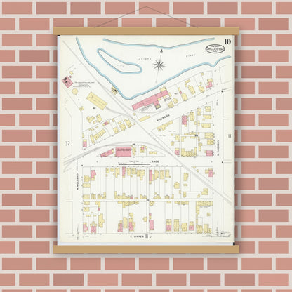 Old map wall art mockup — magnetic wood frame on brick wall — Sanborn Fire Insurance Map from Chillicothe, Ross County, Ohio (1909), Sheet #0010