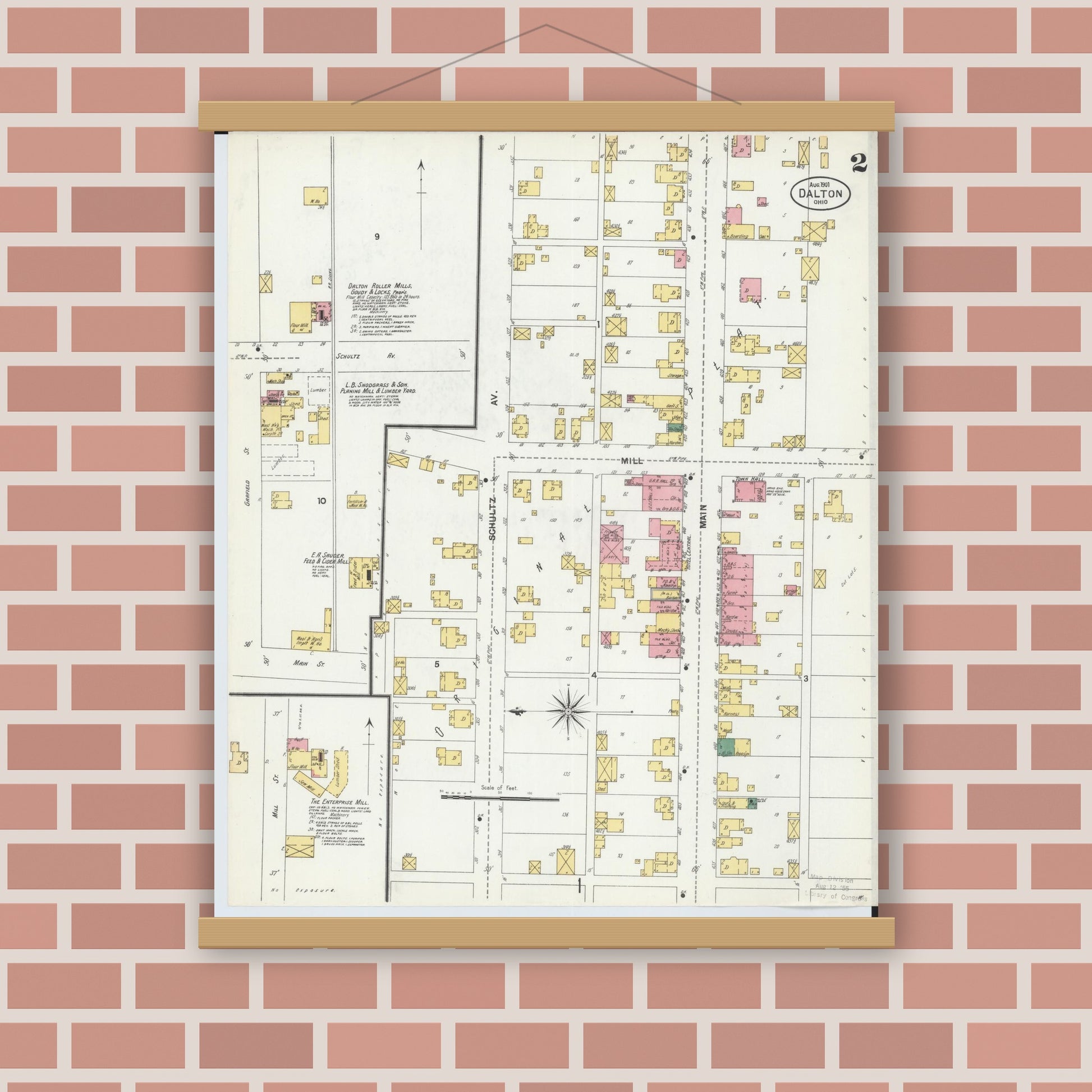 Old map wall art mockup — magnetic wood frame on brick wall — Sanborn Fire Insurance Map from Dalton, Wayne County, Ohio (1901), Sheet #0002
