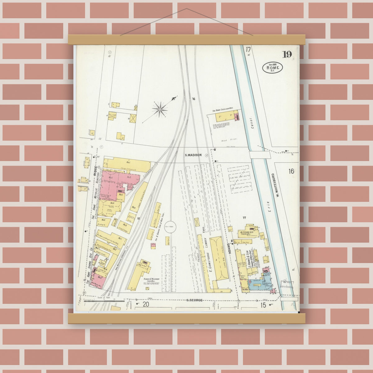 Old map wall art mockup — magnetic wood frame on brick wall — Sanborn Fire Insurance Map from Rome, Oneida County, New York (1899), Sheet #0019