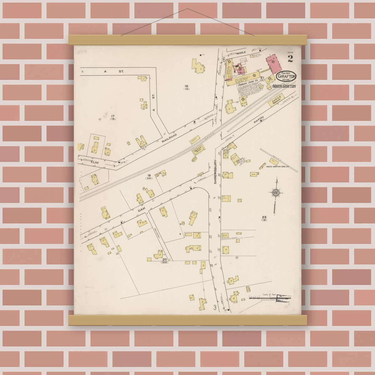 Old map wall art mockup — magnetic wood frame on brick wall — Sanborn Fire Insurance Map from Grafton, Worcester County, Massachusetts (1922), Sheet #0002