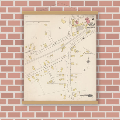 Old map wall art mockup — magnetic wood frame on brick wall — Sanborn Fire Insurance Map from Grafton, Worcester County, Massachusetts (1922), Sheet #0002