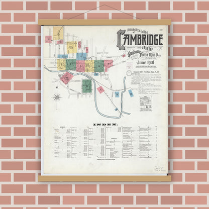Old map wall art mockup — magnetic wood frame on brick wall — Sanborn Fire Insurance Map from Cambridge, Guernsey County, Ohio (1901) - Complete Map Set