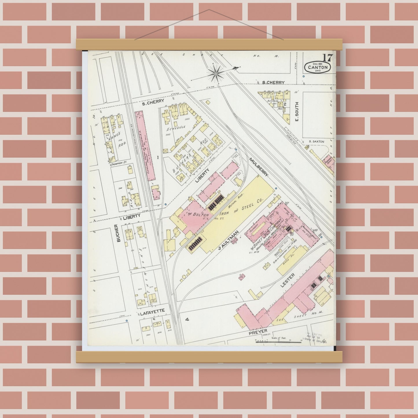 Old map wall art mockup — magnetic wood frame on brick wall — Sanborn Fire Insurance Map from Canton, Stark County, Ohio (1891), Sheet #0017