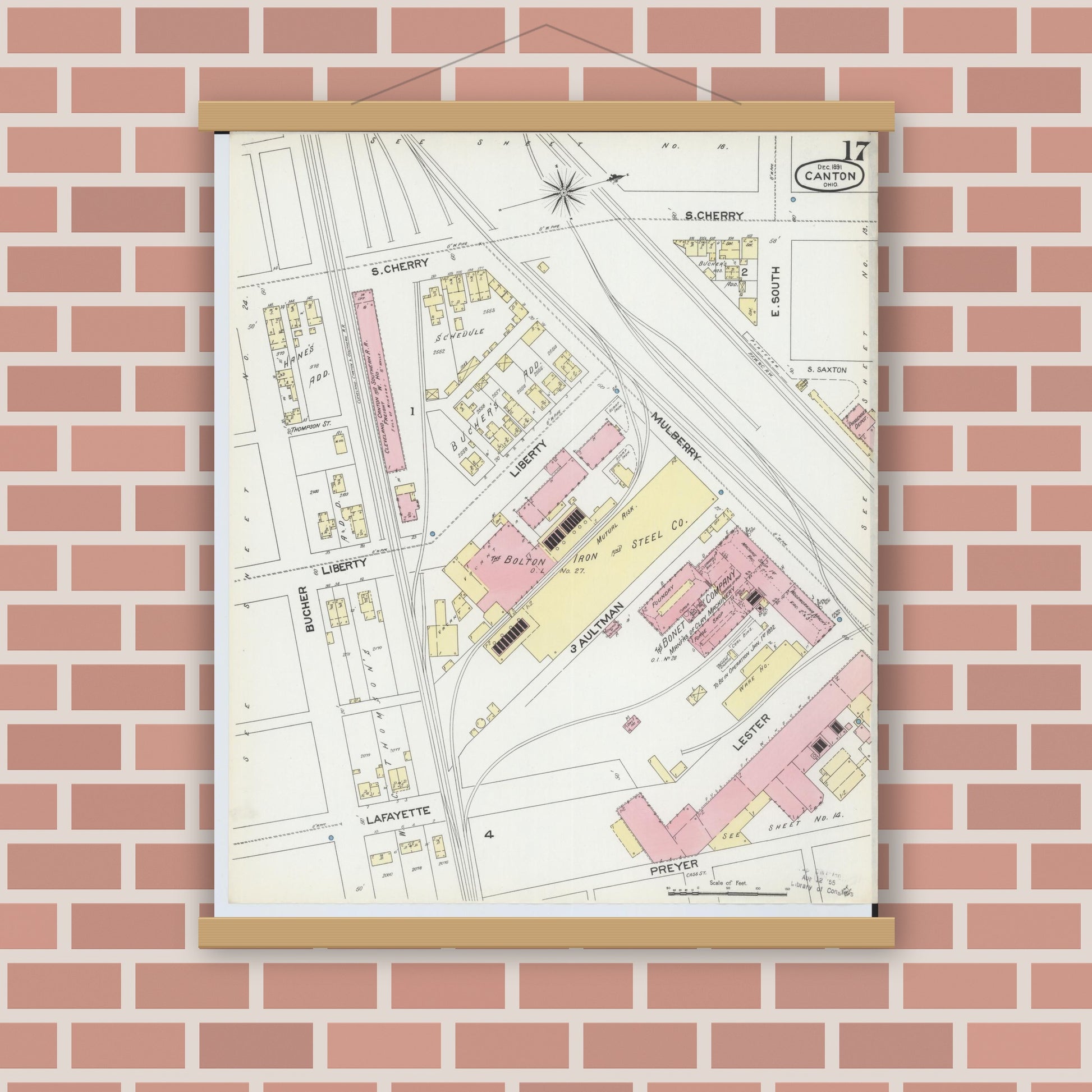 Old map wall art mockup — magnetic wood frame on brick wall — Sanborn Fire Insurance Map from Canton, Stark County, Ohio (1891), Sheet #0017