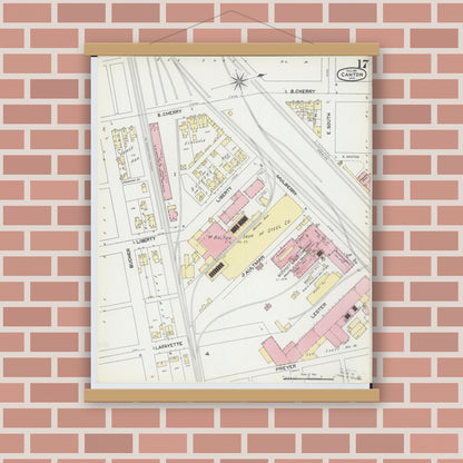 Old map wall art mockup — magnetic wood frame on brick wall — Sanborn Fire Insurance Map from Canton, Stark County, Ohio (1891), Sheet #0017