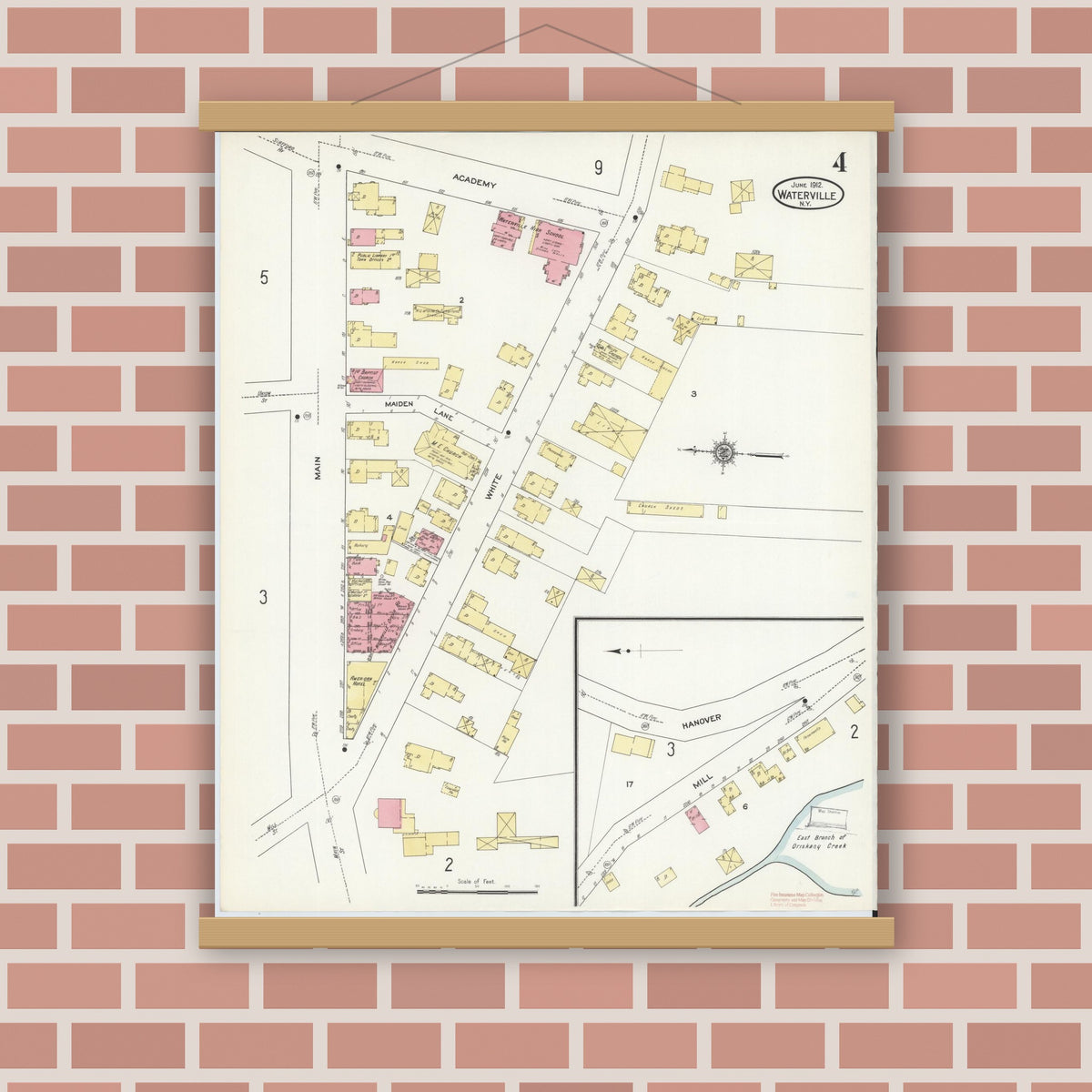 Old map wall art mockup — magnetic wood frame on brick wall — Sanborn Fire Insurance Map from Waterville, Oneida County, New York (1912), Sheet #0004