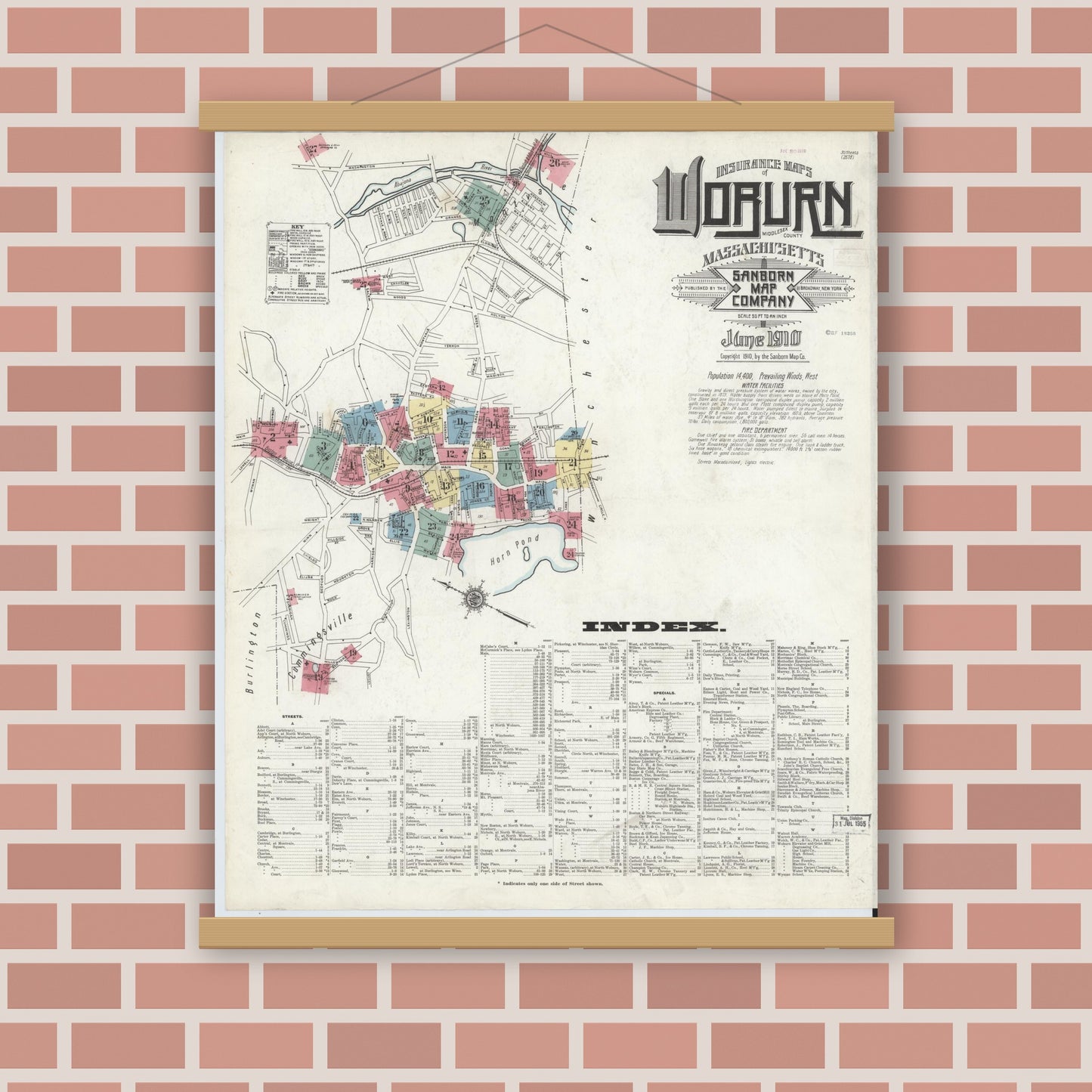 Old map wall art mockup — magnetic wood frame on brick wall — Sanborn Fire Insurance Map from Woburn, Middlesex County, Massachusetts (1910), Sheet #0001