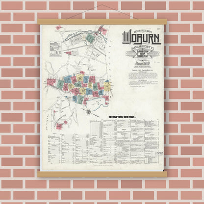 Old map wall art mockup — magnetic wood frame on brick wall — Sanborn Fire Insurance Map from Woburn, Middlesex County, Massachusetts (1910), Sheet #0001