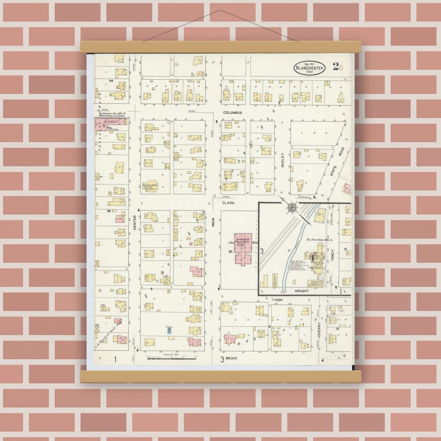 Old map wall art mockup — magnetic wood frame on brick wall — Sanborn Fire Insurance Map from Blanchester, Clinton County, Ohio (1911), Sheet #0002