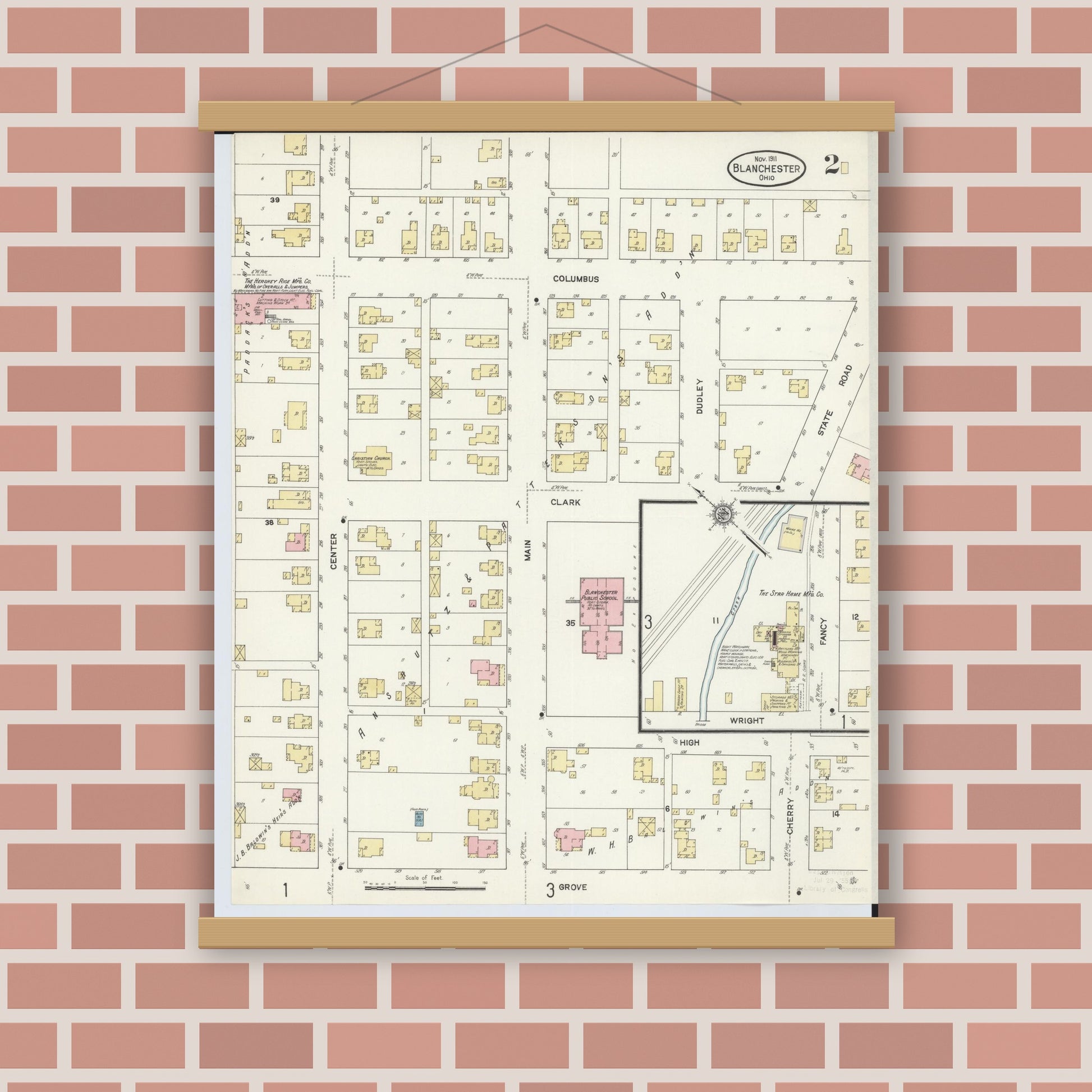 Old map wall art mockup — magnetic wood frame on brick wall — Sanborn Fire Insurance Map from Blanchester, Clinton County, Ohio (1911), Sheet #0002