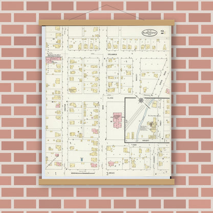 Old map wall art mockup — magnetic wood frame on brick wall — Sanborn Fire Insurance Map from Blanchester, Clinton County, Ohio (1911), Sheet #0002
