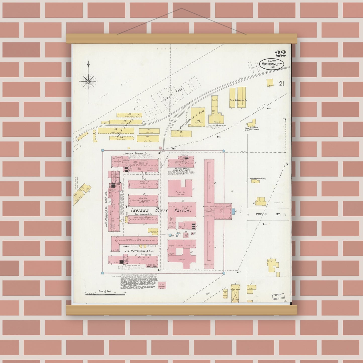 Old map wall art mockup — magnetic wood frame on brick wall — Sanborn Fire Insurance Map from Michigan City, La Porte County, Indiana (1899), Sheet #0022