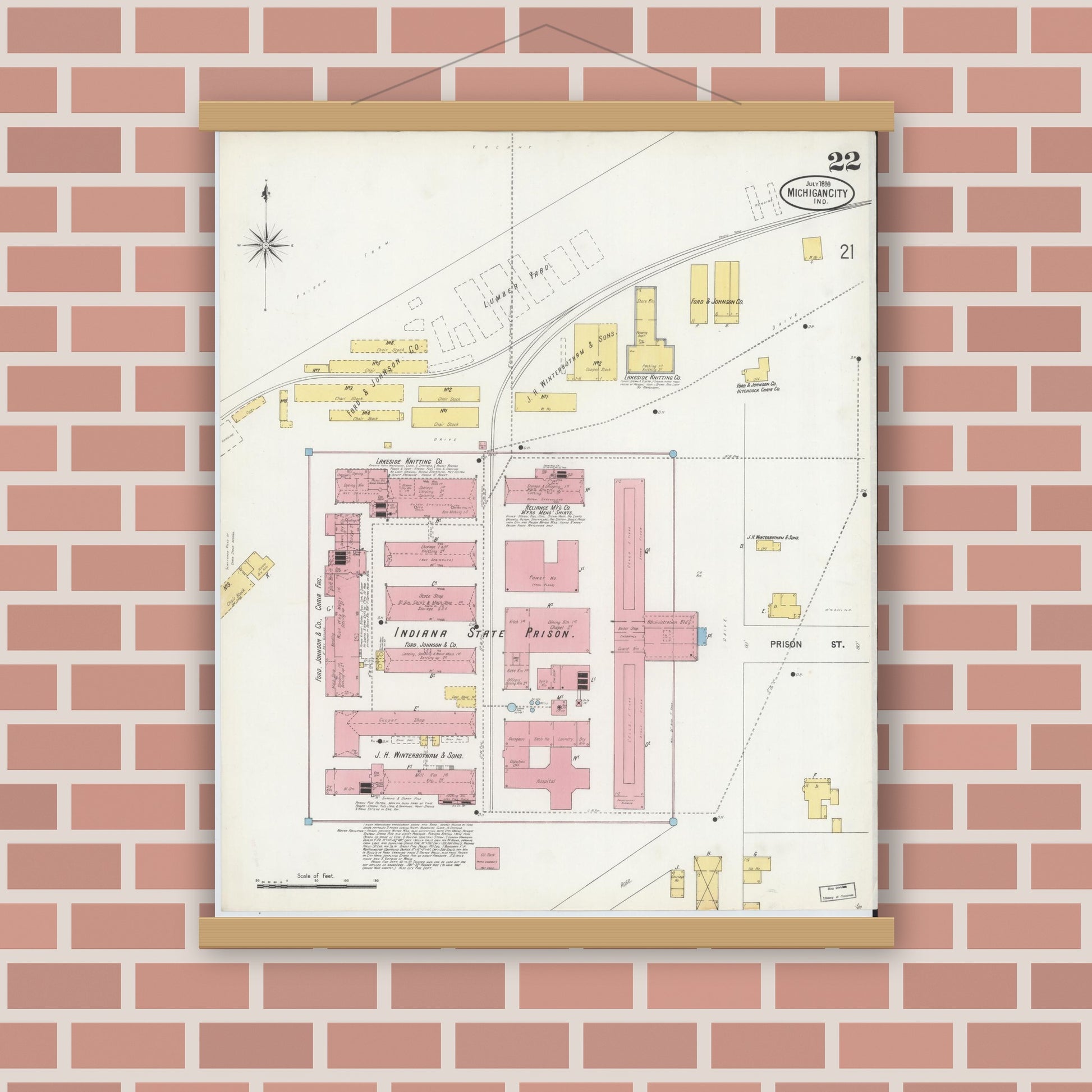 Old map wall art mockup — magnetic wood frame on brick wall — Sanborn Fire Insurance Map from Michigan City, La Porte County, Indiana (1899), Sheet #0022