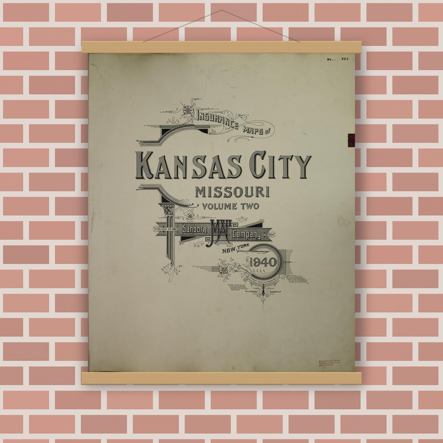 Old map wall art mockup — magnetic wood frame on brick wall — Sanborn Fire Insurance Map from Kansas City, Jackson, Clay, And Platte Counties, Missouri (1951), Sheet #0001
