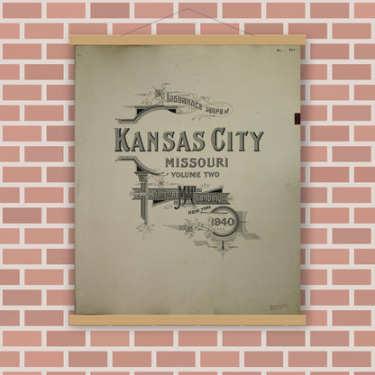 Old map wall art mockup — magnetic wood frame on brick wall — Sanborn Fire Insurance Map from Kansas City, Jackson, Clay, And Platte Counties, Missouri (1951), Sheet #0001