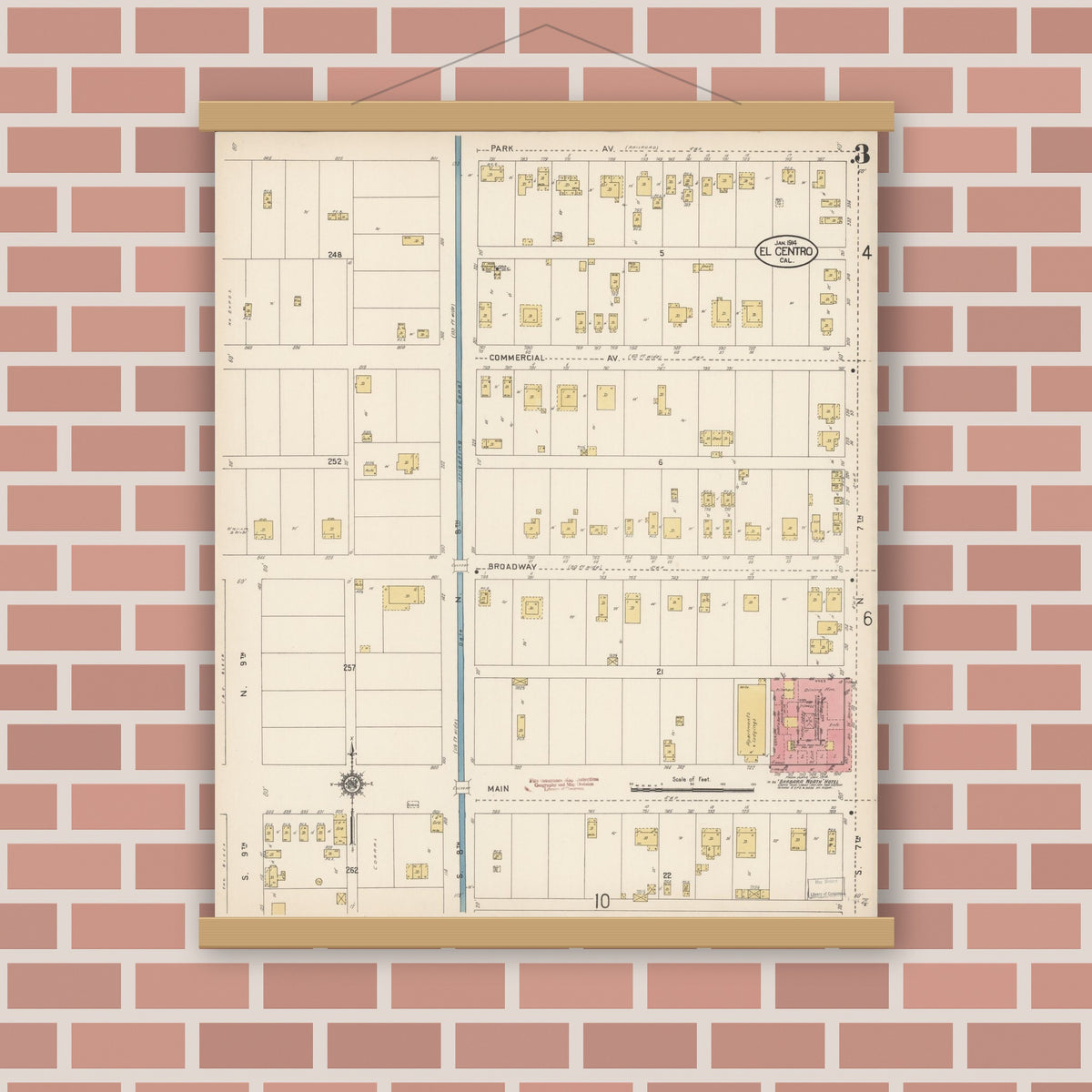 Old map wall art mockup — magnetic wood frame on brick wall — Sanborn Fire Insurance Map from El Centro, Imperial County, California (1914), Sheet #0003