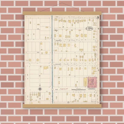 Old map wall art mockup — magnetic wood frame on brick wall — Sanborn Fire Insurance Map from El Centro, Imperial County, California (1914), Sheet #0003