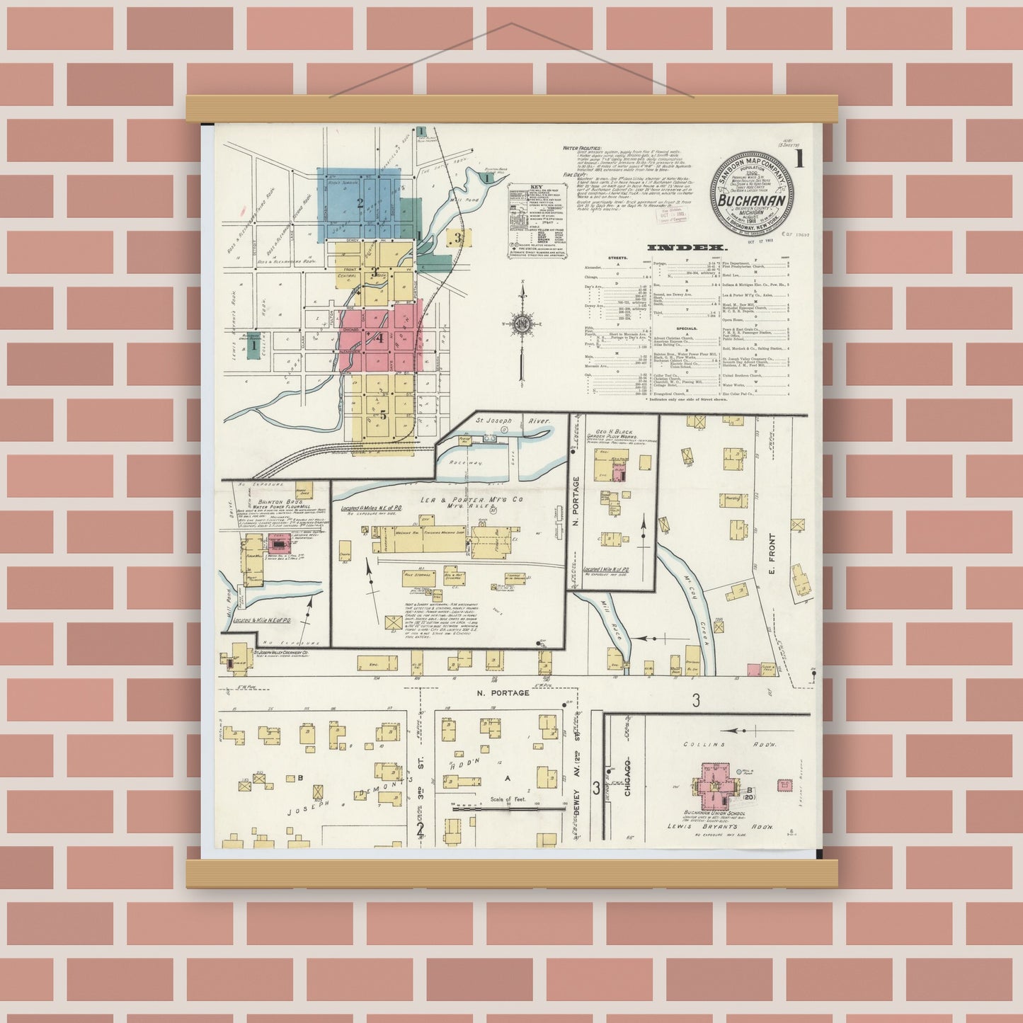 Old map wall art mockup — magnetic wood frame on brick wall — Sanborn Fire Insurance Map from Buchanan, Berrien County, Michigan (1911), Sheet #0001