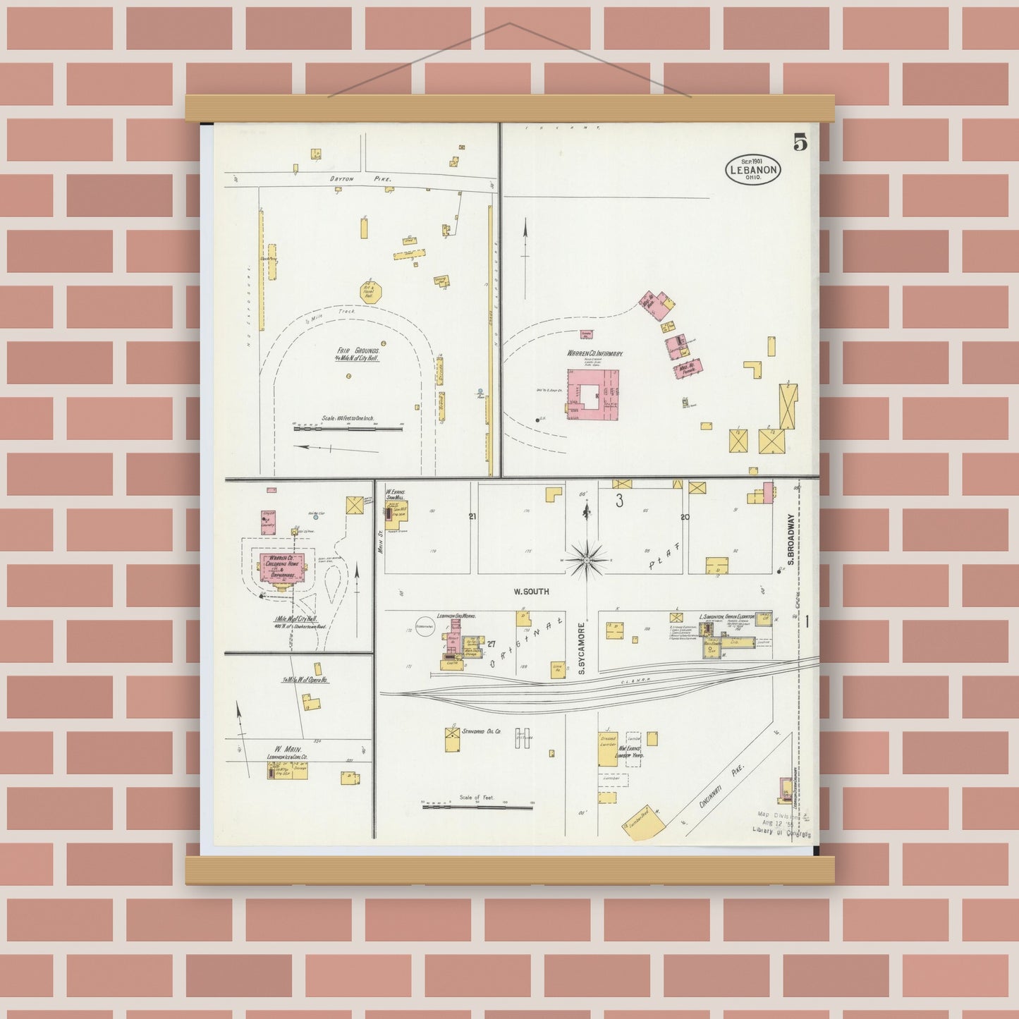 Old map wall art mockup — magnetic wood frame on brick wall — Sanborn Fire Insurance Map from Lebanon, Warren County, Ohio (1901), Sheet #0005