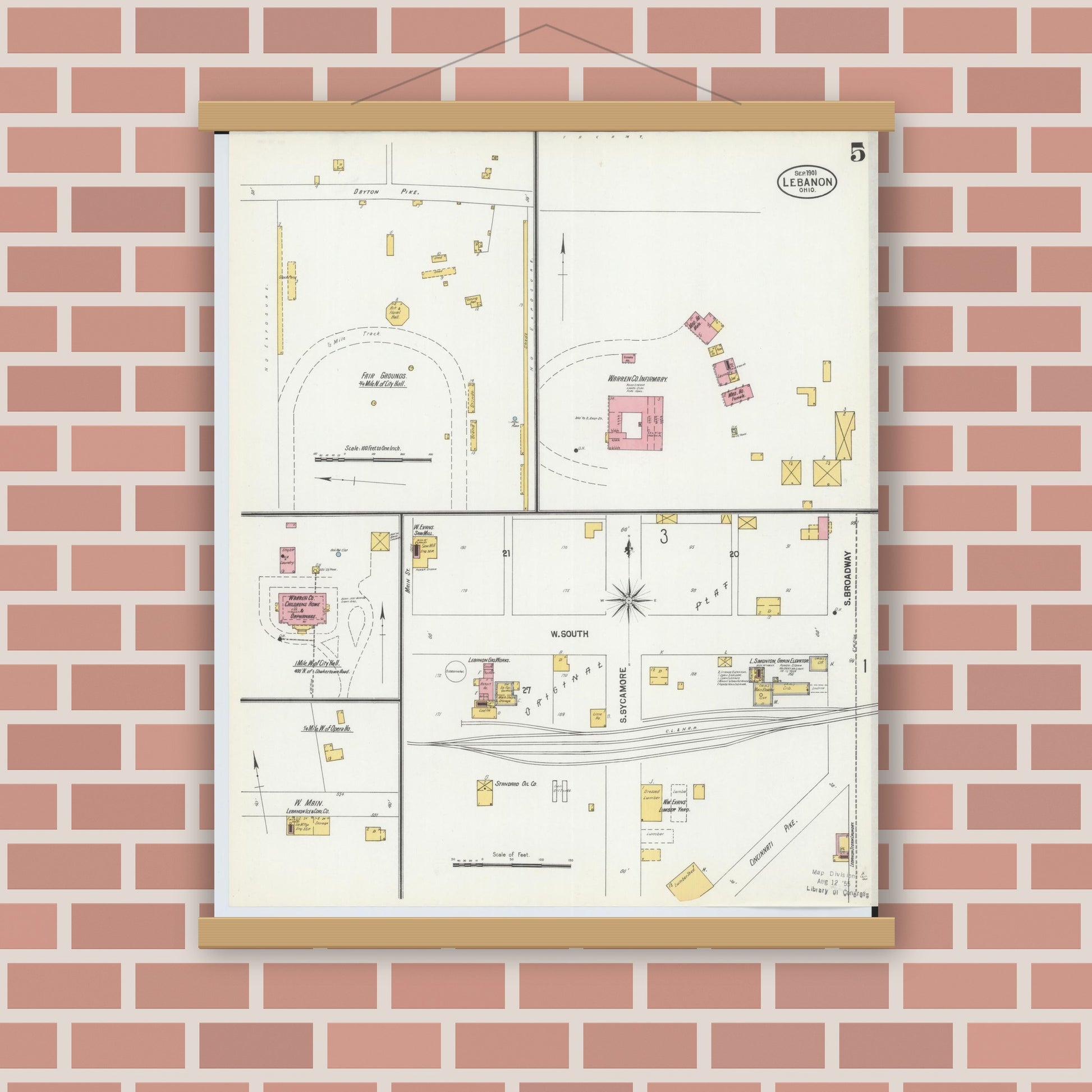 Old map wall art mockup — magnetic wood frame on brick wall — Sanborn Fire Insurance Map from Lebanon, Warren County, Ohio (1901), Sheet #0005