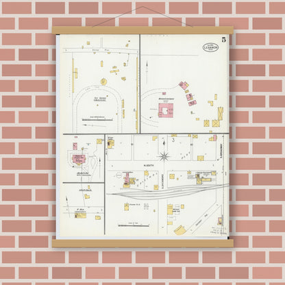Old map wall art mockup — magnetic wood frame on brick wall — Sanborn Fire Insurance Map from Lebanon, Warren County, Ohio (1901), Sheet #0005