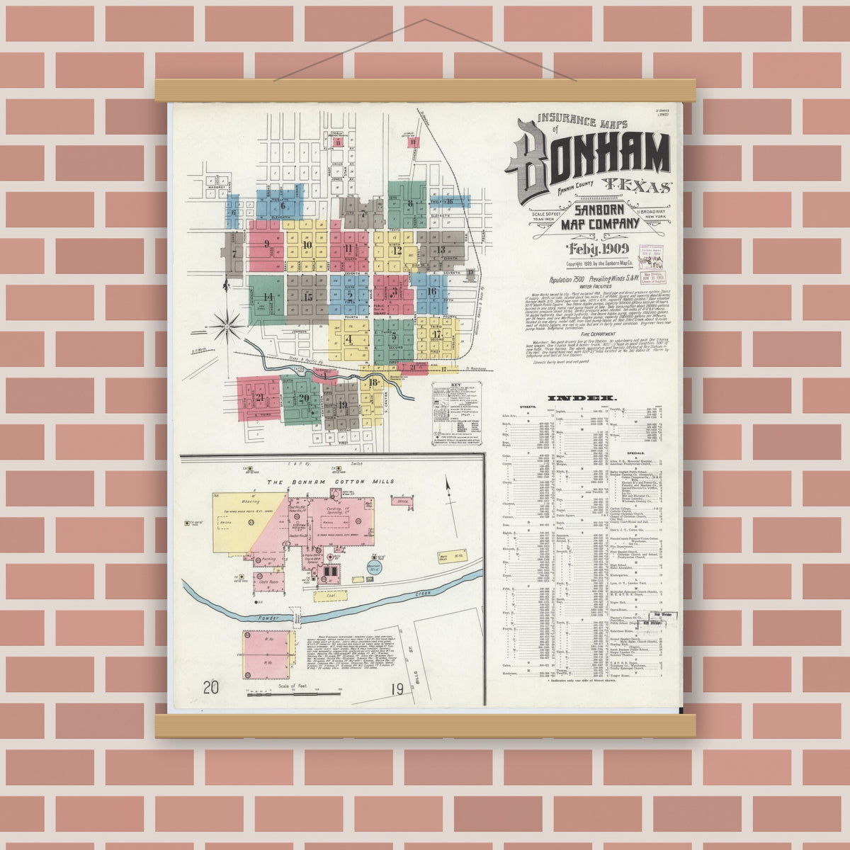 Old map wall art mockup — magnetic wood frame on brick wall — Sanborn Fire Insurance Map from Bonham, Fannin County, Texas (1909) - Complete Map Set